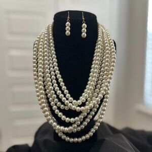 NWOT Antique White Pearl Necklace (7 in 1) with Earrings